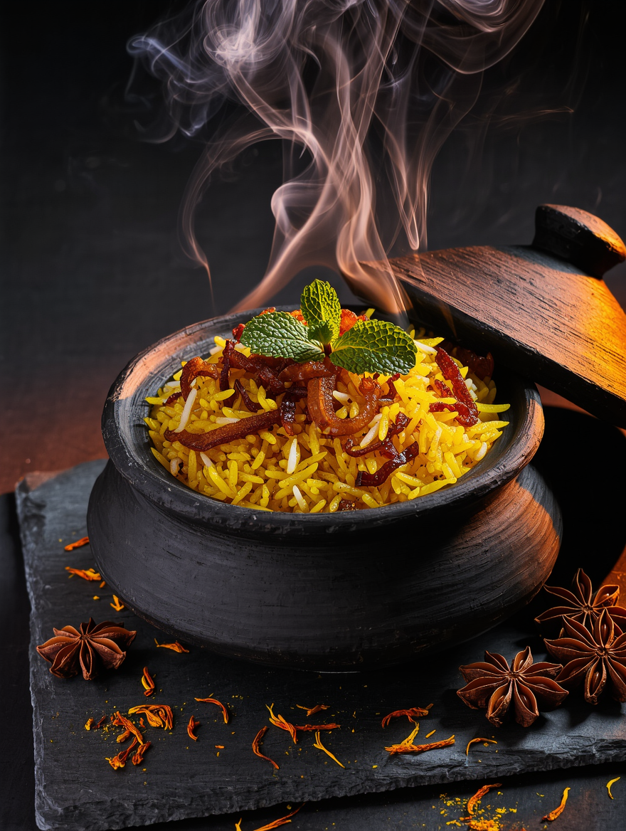 Dum biriyani opened in a clay handi