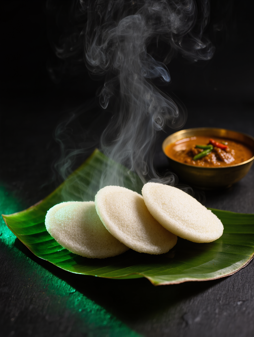 Steamed idlis on a banana leaf